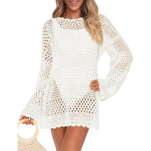 imagePRETTYGARDEN Womens 2025 Swimsuit Cover Ups Crochet Knit Bathing Suit Swimwear Summer Dresses Fashion Beach Vacation ClothesWhite
