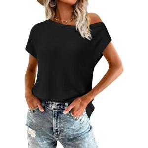 imagePRETTYGARDEN Womens Off The Shoulder Tops 2025 Summer Casual Short Sleeve Tunic T Shirts Lightweight Knit SweatersBlack