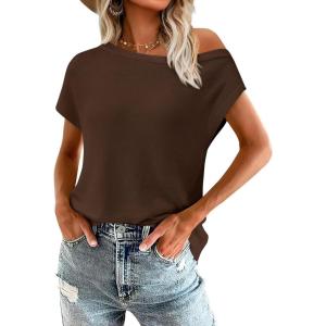 imagePRETTYGARDEN Womens Off The Shoulder Tops 2025 Summer Casual Short Sleeve Tunic T Shirts Lightweight Knit SweatersCoffee
