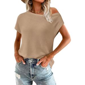imagePRETTYGARDEN Womens Off The Shoulder Tops 2025 Summer Casual Short Sleeve Tunic T Shirts Lightweight Knit SweatersKhaki