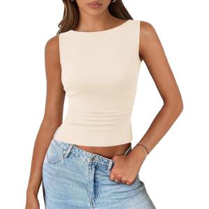 imagePRETTYGARDEN Womens Ribbed Y2K Summer Tank Top Ruched Sleeveless Fitted Crop Tops Split Hem Trendy Party Going Out ShirtApricot