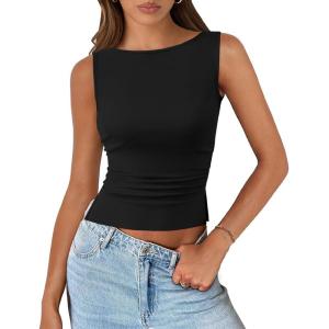 imagePRETTYGARDEN Womens Ribbed Y2K Summer Tank Top Ruched Sleeveless Fitted Crop Tops Split Hem Trendy Party Going Out ShirtBlack