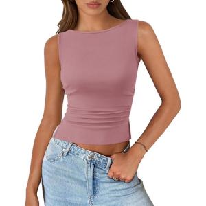 imagePRETTYGARDEN Womens Ribbed Y2K Summer Tank Top Ruched Sleeveless Fitted Crop Tops Split Hem Trendy Party Going Out ShirtGrey Pink