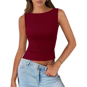 imagePRETTYGARDEN Womens Ribbed Y2K Summer Tank Top Ruched Sleeveless Fitted Crop Tops Split Hem Trendy Party Going Out ShirtWine Red