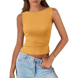 imagePRETTYGARDEN Womens Ribbed Y2K Summer Tank Top Ruched Sleeveless Fitted Crop Tops Split Hem Trendy Party Going Out ShirtYellow