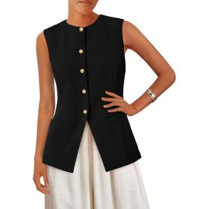 imagePRETTYGARDEN Womens Sleeveless Blazer Vest Summer 2025 Trendy Button Down Business Suit Vest Tops Outerwear WaistcoatBlack