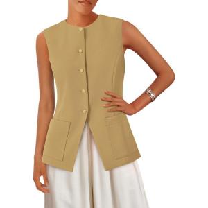 imagePRETTYGARDEN Womens Sleeveless Blazer Vest Summer 2025 Trendy Button Down Business Suit Vest Tops Outerwear WaistcoatKhaki