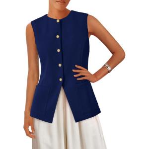 imagePRETTYGARDEN Womens Sleeveless Blazer Vest Summer 2025 Trendy Button Down Business Suit Vest Tops Outerwear WaistcoatNavy