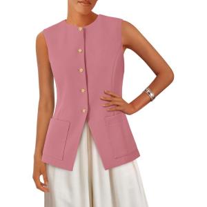 imagePRETTYGARDEN Womens Sleeveless Blazer Vest Summer 2025 Trendy Button Down Business Suit Vest Tops Outerwear WaistcoatPink