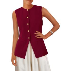 imagePRETTYGARDEN Womens Sleeveless Blazer Vest Summer 2025 Trendy Button Down Business Suit Vest Tops Outerwear WaistcoatWine Red