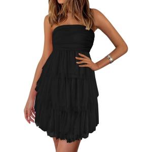 imagePRETTYGARDEN Womens Summer Dress 2025 Tube Top Mini Dresses Short Strapless Ruffle Tiered Wedding Guest Beach Mesh SundressBlack