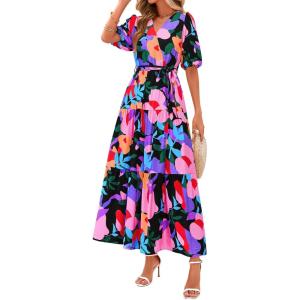 imagePRETTYGARDEN Womens Summer Maxi Dress 2025 Resort Wear Boho Floral V Neck Puff Short Sleeve Ruffle Flowy Beach Long DressesMulticolored Flower