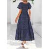 imagePRETTYGARDEN Women Floral Boho Maxi Dresses Summer Short Sleeve V Neck Smocked A Line Long Flowy Beach Vacation DressBlack Blue Floral
