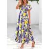 imagePRETTYGARDEN Women Floral Boho Maxi Dresses Summer Short Sleeve V Neck Smocked A Line Long Flowy Beach Vacation DressPurple Yellow Floral