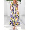 imagePRETTYGARDEN Women Floral Boho Maxi Dresses Summer Short Sleeve V Neck Smocked A Line Long Flowy Beach Vacation DressPurple Yellow Floral