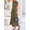imagePRETTYGARDEN Womens Casual Dresses 2025 Summer Short Sleeve Ruched Patchwork A Line Pleated Swing Maxi Dress with PocketsArmy Green