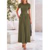 imagePRETTYGARDEN Womens Casual Dresses 2025 Summer Short Sleeve Ruched Patchwork A Line Pleated Swing Maxi Dress with PocketsArmy Green