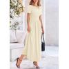 imagePRETTYGARDEN Womens Casual Dresses 2025 Summer Short Sleeve Ruched Patchwork A Line Pleated Swing Maxi Dress with PocketsBeige