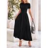 imagePRETTYGARDEN Womens Casual Dresses 2025 Summer Short Sleeve Ruched Patchwork A Line Pleated Swing Maxi Dress with PocketsBlack