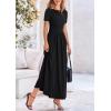 imagePRETTYGARDEN Womens Casual Dresses 2025 Summer Short Sleeve Ruched Patchwork A Line Pleated Swing Maxi Dress with PocketsBlack