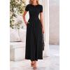 imagePRETTYGARDEN Womens Casual Dresses 2025 Summer Short Sleeve Ruched Patchwork A Line Pleated Swing Maxi Dress with PocketsBlack