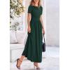 imagePRETTYGARDEN Womens Casual Dresses 2025 Summer Short Sleeve Ruched Patchwork A Line Pleated Swing Maxi Dress with PocketsDark Green