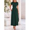 imagePRETTYGARDEN Womens Casual Dresses 2025 Summer Short Sleeve Ruched Patchwork A Line Pleated Swing Maxi Dress with PocketsDark Green