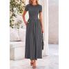 imagePRETTYGARDEN Womens Casual Dresses 2025 Summer Short Sleeve Ruched Patchwork A Line Pleated Swing Maxi Dress with PocketsGrey