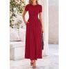 imagePRETTYGARDEN Womens Casual Dresses 2025 Summer Short Sleeve Ruched Patchwork A Line Pleated Swing Maxi Dress with PocketsRed