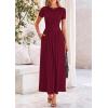 imagePRETTYGARDEN Womens Casual Dresses 2025 Summer Short Sleeve Ruched Patchwork A Line Pleated Swing Maxi Dress with PocketsWine Red