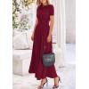 imagePRETTYGARDEN Womens Casual Dresses 2025 Summer Short Sleeve Ruched Patchwork A Line Pleated Swing Maxi Dress with PocketsWine Red