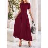 imagePRETTYGARDEN Womens Casual Dresses 2025 Summer Short Sleeve Ruched Patchwork A Line Pleated Swing Maxi Dress with PocketsWine Red