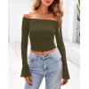 imagePRETTYGARDEN Womens Long Sleeve T Shirts Casual Off Shoulder Ruched Mesh Slim Fit Crop Tops Going Out Summer BlousesArmy Green