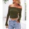 imagePRETTYGARDEN Womens Long Sleeve T Shirts Casual Off Shoulder Ruched Mesh Slim Fit Crop Tops Going Out Summer BlousesArmy Green