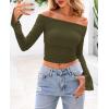 imagePRETTYGARDEN Womens Long Sleeve T Shirts Casual Off Shoulder Ruched Mesh Slim Fit Crop Tops Going Out Summer BlousesArmy Green