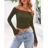 imagePRETTYGARDEN Womens Long Sleeve T Shirts Casual Off Shoulder Ruched Mesh Slim Fit Crop Tops Going Out Summer BlousesArmy Green