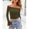 imagePRETTYGARDEN Womens Long Sleeve T Shirts Casual Off Shoulder Ruched Mesh Slim Fit Crop Tops Going Out Summer BlousesArmy Green