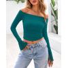 imagePRETTYGARDEN Womens Long Sleeve T Shirts Casual Off Shoulder Ruched Mesh Slim Fit Crop Tops Going Out Summer BlousesLake Blue