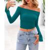 imagePRETTYGARDEN Womens Long Sleeve T Shirts Casual Off Shoulder Ruched Mesh Slim Fit Crop Tops Going Out Summer BlousesLake Blue