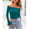 imagePRETTYGARDEN Womens Long Sleeve T Shirts Casual Off Shoulder Ruched Mesh Slim Fit Crop Tops Going Out Summer BlousesLake Blue
