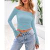 imagePRETTYGARDEN Womens Long Sleeve T Shirts Casual Off Shoulder Ruched Mesh Slim Fit Crop Tops Going Out Summer BlousesLight Blue