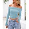 imagePRETTYGARDEN Womens Long Sleeve T Shirts Casual Off Shoulder Ruched Mesh Slim Fit Crop Tops Going Out Summer BlousesLight Blue