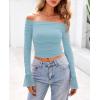 imagePRETTYGARDEN Womens Long Sleeve T Shirts Casual Off Shoulder Ruched Mesh Slim Fit Crop Tops Going Out Summer BlousesLight Blue