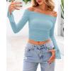 imagePRETTYGARDEN Womens Long Sleeve T Shirts Casual Off Shoulder Ruched Mesh Slim Fit Crop Tops Going Out Summer BlousesLight Blue