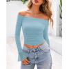 imagePRETTYGARDEN Womens Long Sleeve T Shirts Casual Off Shoulder Ruched Mesh Slim Fit Crop Tops Going Out Summer BlousesLight Blue