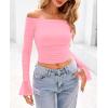 imagePRETTYGARDEN Womens Long Sleeve T Shirts Casual Off Shoulder Ruched Mesh Slim Fit Crop Tops Going Out Summer BlousesPink