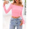 imagePRETTYGARDEN Womens Long Sleeve T Shirts Casual Off Shoulder Ruched Mesh Slim Fit Crop Tops Going Out Summer BlousesPink