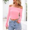 imagePRETTYGARDEN Womens Long Sleeve T Shirts Casual Off Shoulder Ruched Mesh Slim Fit Crop Tops Going Out Summer BlousesPink