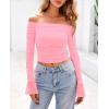 imagePRETTYGARDEN Womens Long Sleeve T Shirts Casual Off Shoulder Ruched Mesh Slim Fit Crop Tops Going Out Summer BlousesPink
