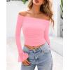 imagePRETTYGARDEN Womens Long Sleeve T Shirts Casual Off Shoulder Ruched Mesh Slim Fit Crop Tops Going Out Summer BlousesPink